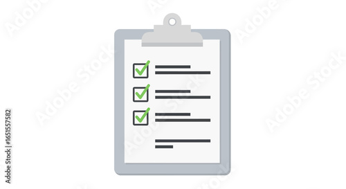 A grey clipboard holding a white paper with a checklist and green checkmarks indicating completed items.
