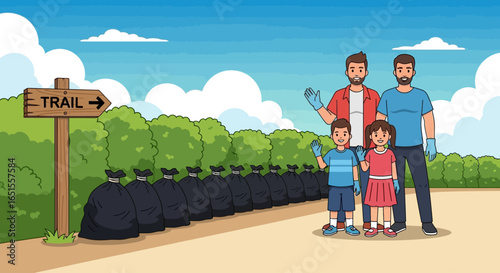 A family of four, including two men and two children, proudly stands next to a long row of collected trash bags on a trail, showcasing their environmental cleanup efforts.