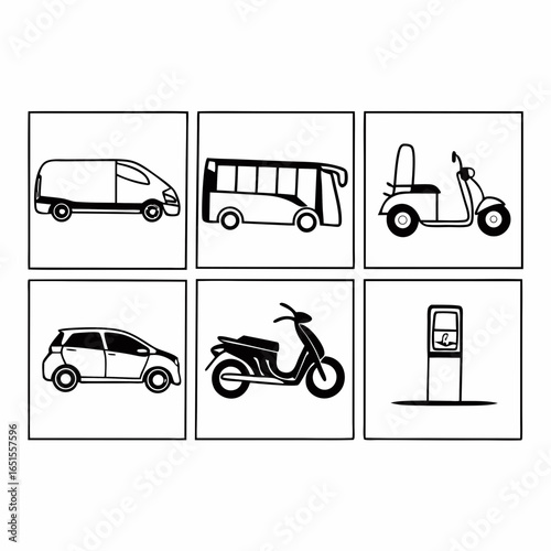 Collection of transportation icons showcasing various vehicles and a parking meter isolated on white background for urban mobility projects