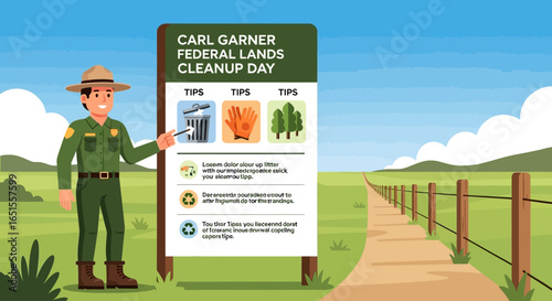 A park ranger points to a sign about a federal lands cleanup day, promoting environmental awareness.