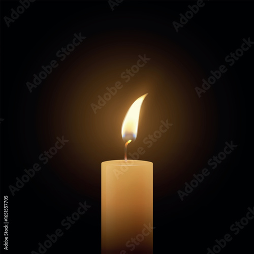 Realistic Vector Candle Flame Clipart on Dark Background. Single Wax Pillar Candle with Soft Warm Glow and Flickering Flame, Ambient Lighting Design Template for Web, Print. Square Banner