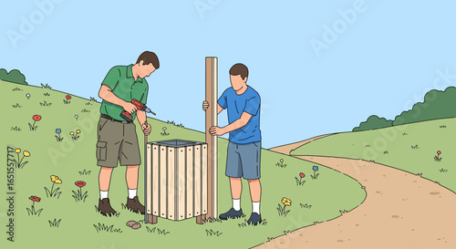 Two men constructing a wooden structure with a metal base outdoors on a grassy hill. One man uses a drill while the other holds a wooden plank.