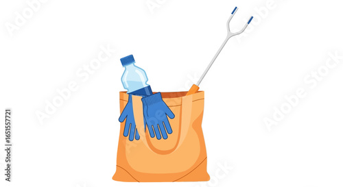Illustration of a tote bag containing a water bottle, blue gloves, and a litter picker tool, representing environmental cleanup.