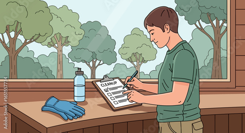 A young man checks off items on a clipboard checklist while standing at a wooden counter near a window overlooking a forest.