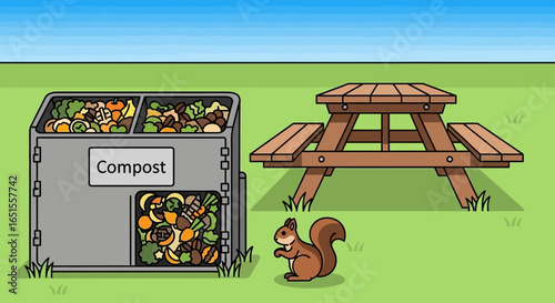 A cartoon illustration of a compost bin next to a picnic table, with a squirrel observing.