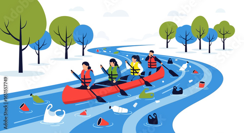 People in a canoe clean up plastic pollution in a river.