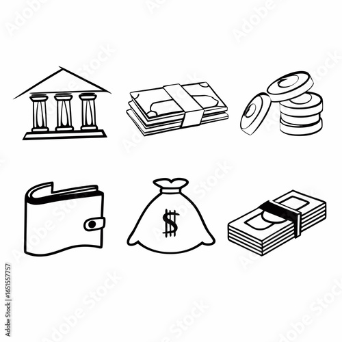 Financial icons depicting money, bank, coins, and wallet, representing investment, wealth, and financial transactions isolated on white background