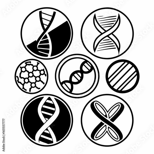 Collection of dna molecule icons isolated on white background, representing science, biology, and genetic research in medical and biotechnology fields