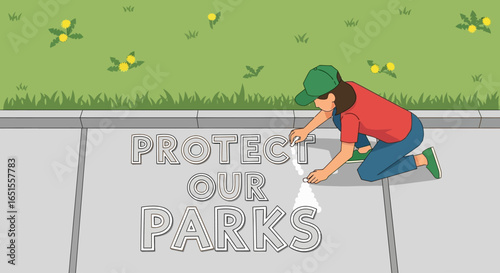 A young person drawing "Protect Our Parks" in chalk on a sidewalk, surrounded by grass and flowers.