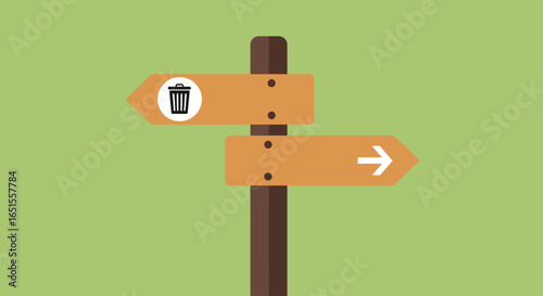 Two directional signs, one pointing to a trash can, the other to an empty space, illustrating a choice or a path.