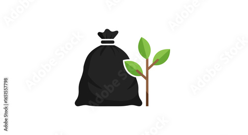 Black trash bag next to a green plant branch, symbolizing recycling and environmental responsibility.