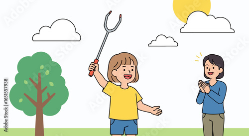 A joyful young girl holds a roasting stick in an outdoor setting, while a supportive woman claps happily nearby under a bright sun.