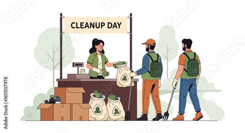 Volunteers collecting cleanup supplies from a registration booth during an environmental cleanup event.