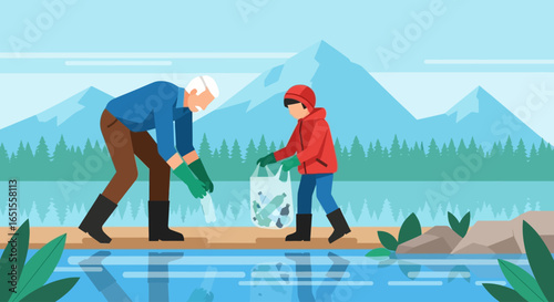 Elderly man and child collecting litter by a lake,  a scene of environmental cleanup.