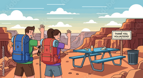Hikers enjoying a scenic overlook with a picnic table in a desert landscape.