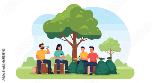 Group of people cleaning up a park, enjoying a break, and drinking water.