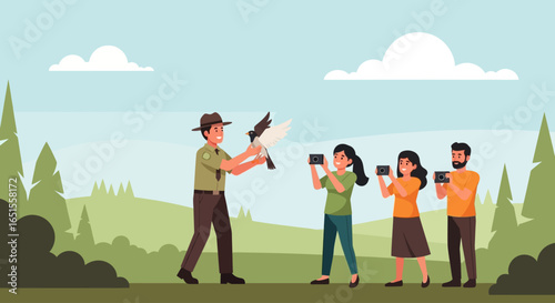 Park ranger holding a bird while tourists take pictures in a scenic outdoor setting.