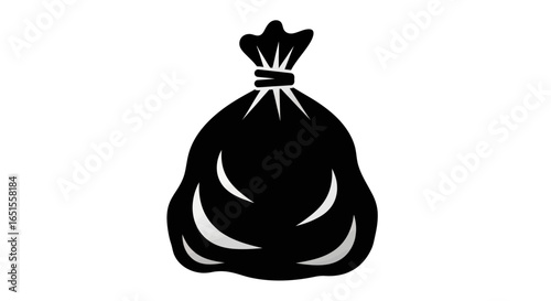 A full black garbage bag, tied at the top, isolated on white.