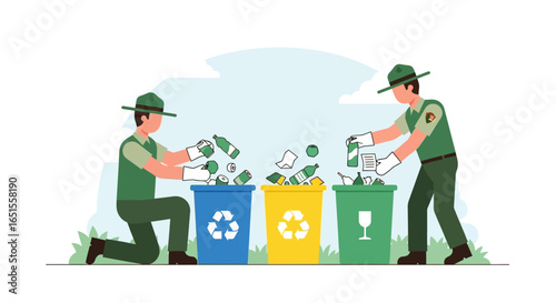 Two park rangers diligently sort recyclable waste into designated bins.