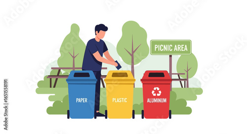 Man responsibly sorts waste into recycling bins at a park picnic area.