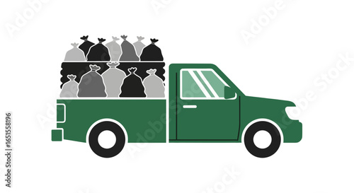 Green pickup truck overflowing with garbage bags for disposal.