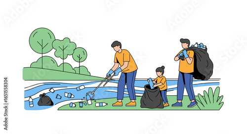 Volunteers diligently cleaning a polluted river, collecting plastic bottles and trash from the water and banks to restore the natural environment.