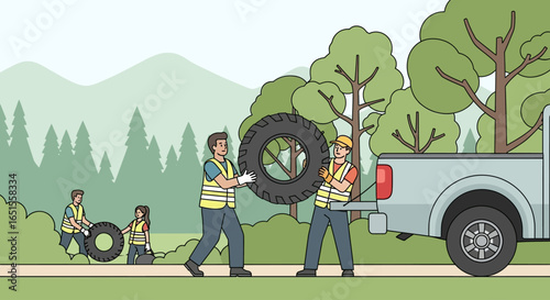 Two workers in safety vests are carrying a large tire towards a pickup truck loaded with trees, while others work on tires in the background.