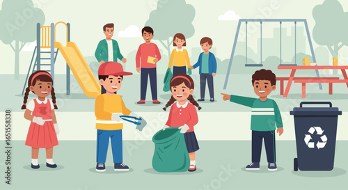 Children actively participate in a park cleanup, collecting litter with gloves and bags near playground equipment and picnic tables.