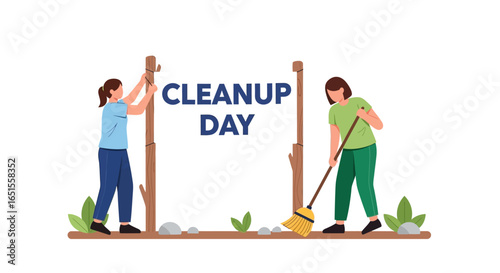 Two people actively participating in a community cleanup day, one setting up a sign while the other sweeps the ground.
