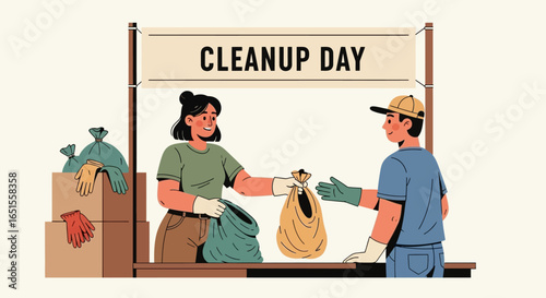 Two volunteers exchanging bags of collected items during a community cleanup day event.