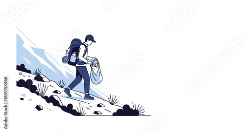 An illustrated man wearing a cap and backpack carefully descends a steep, rocky mountain slope, holding an item.