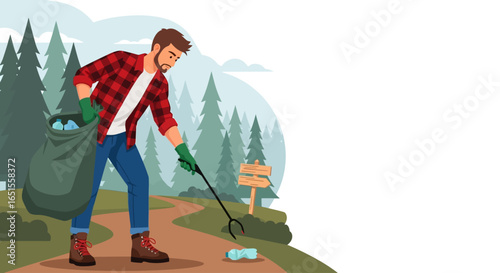 A dedicated man in a plaid shirt uses a grabber tool to pick up plastic bottles from a forest path, collecting trash in a bag.