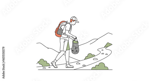A person hiking along a path, carrying a backpack and a bag of collected trash, promoting environmental conservation.