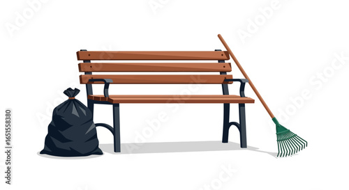 Illustration depicting a park bench, a garbage bag, and a garden rake, all isolated.