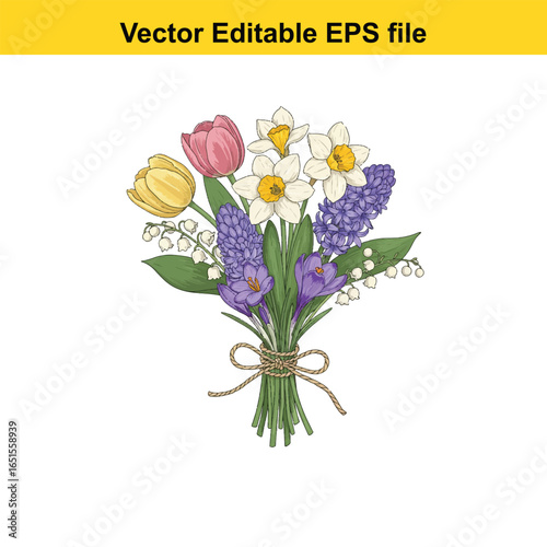 A beautiful handdrawn bouquet of wildflowers, including poppies, daisies, and cornflowers