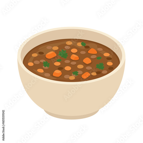 Vector illustration of bowl of lentil soup on white background, food theme