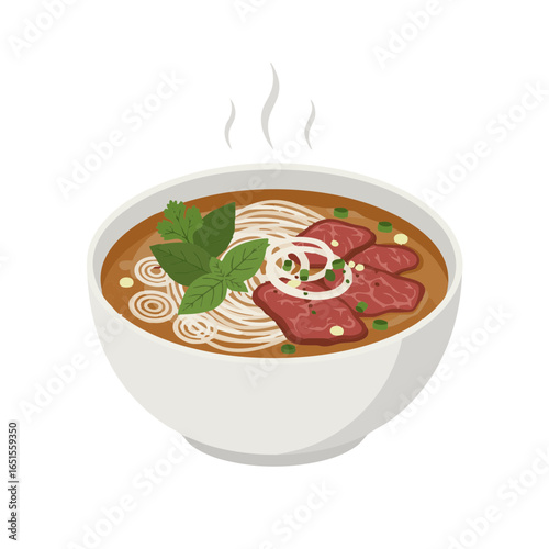 Vector illustration of bowl of pho soup on white background, food theme