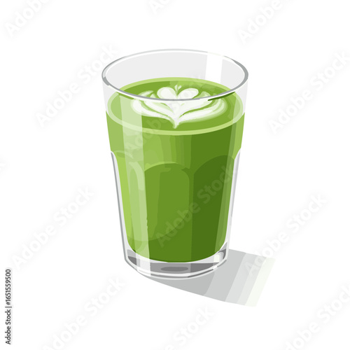 Vector illustration of matcha latte in glass on white background, beverage theme