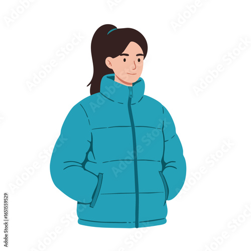 Vector illustration of person in puffer coat on white background, fashion theme