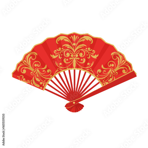 Vector illustration of red fan with gold details on white background, cultural theme