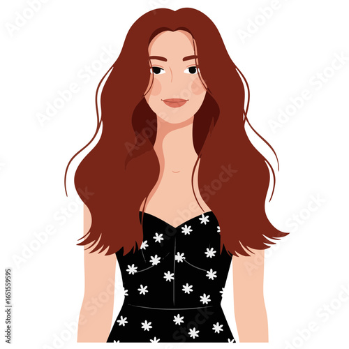 Vector illustration of woman with long wavy hair on white background, beauty theme 
