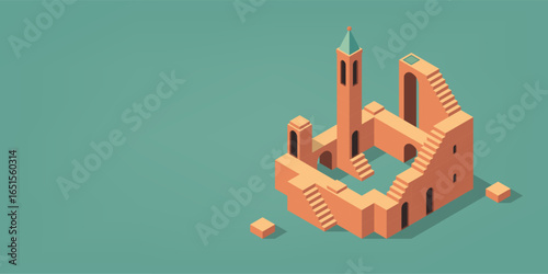 Isometric illustration of an architectural structure with a tower and stairs. Abstract design for game background and puzzle concept.