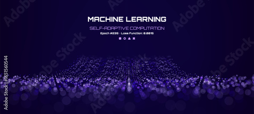 Machine learning self-adaptive computation with purple bokeh lights on dark background. Science, technology, and AI concept.