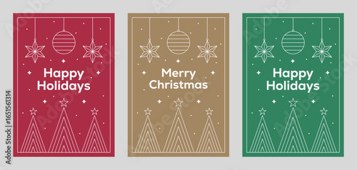 Christmas Card Design Template with Festive Line Art. Happy Holidays and Merry Christmas Greeting Card Vector Designs with Christmas Tree and Bauble Decorations.