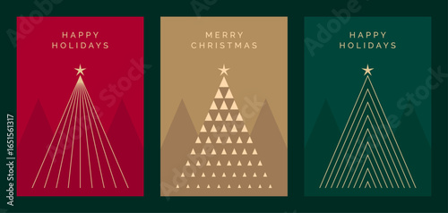 Elegant Christmas Card Design Template Set. Luxury Christmas Greeting Card Vector Designs with Geometric Christmas Tree Illustrations. Modern Design for Merry Christmas or Happy Holidays Greeting Card