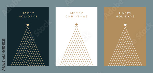 Christmas Greeting Card Design with Geometric Christmas Tree Illustration. Elegant Christmas Greeting Card Template with Christmas Tree Line Art. Luxury Design for Merry Christmas or Happy Holidays. 