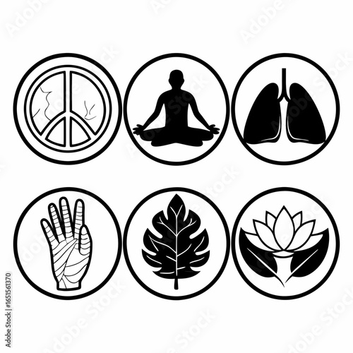Peace, meditation, and health icons isolated on white background featuring peace sign, meditating person, lungs, and lotus flower