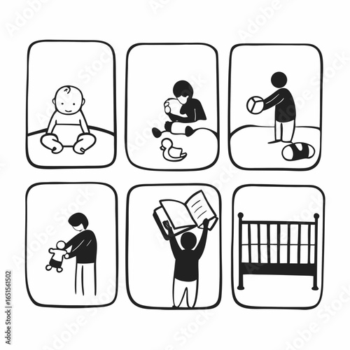 Illustration of baby milestones and childhood activities, isolated on white background, showing stages of development from infancy to toddler age