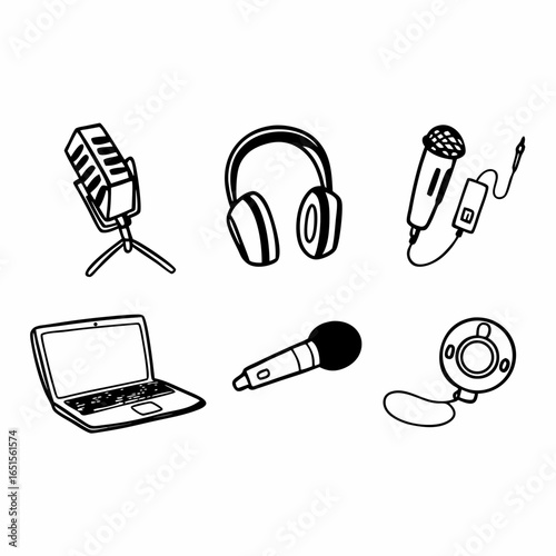 Illustration of podcasting equipment isolated on white background, including microphones, headphones, laptop, and webcam for recording audio