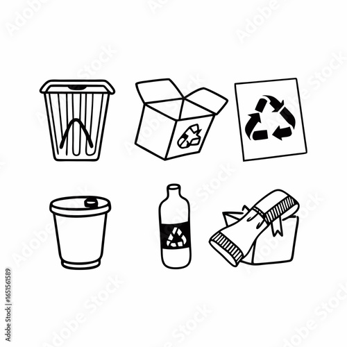 Hand drawn recycling symbols of waste materials such as paper, plastic, glass, food and others isolated on white background